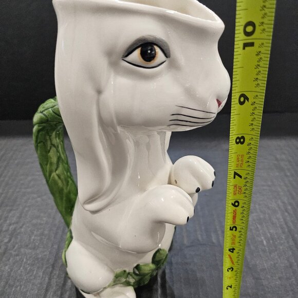 Tall Moltahedeh Rabbit Pitcher 1950s Portugal Hand Painted Bunny Green Leaf Hand - Picture 14 of 15